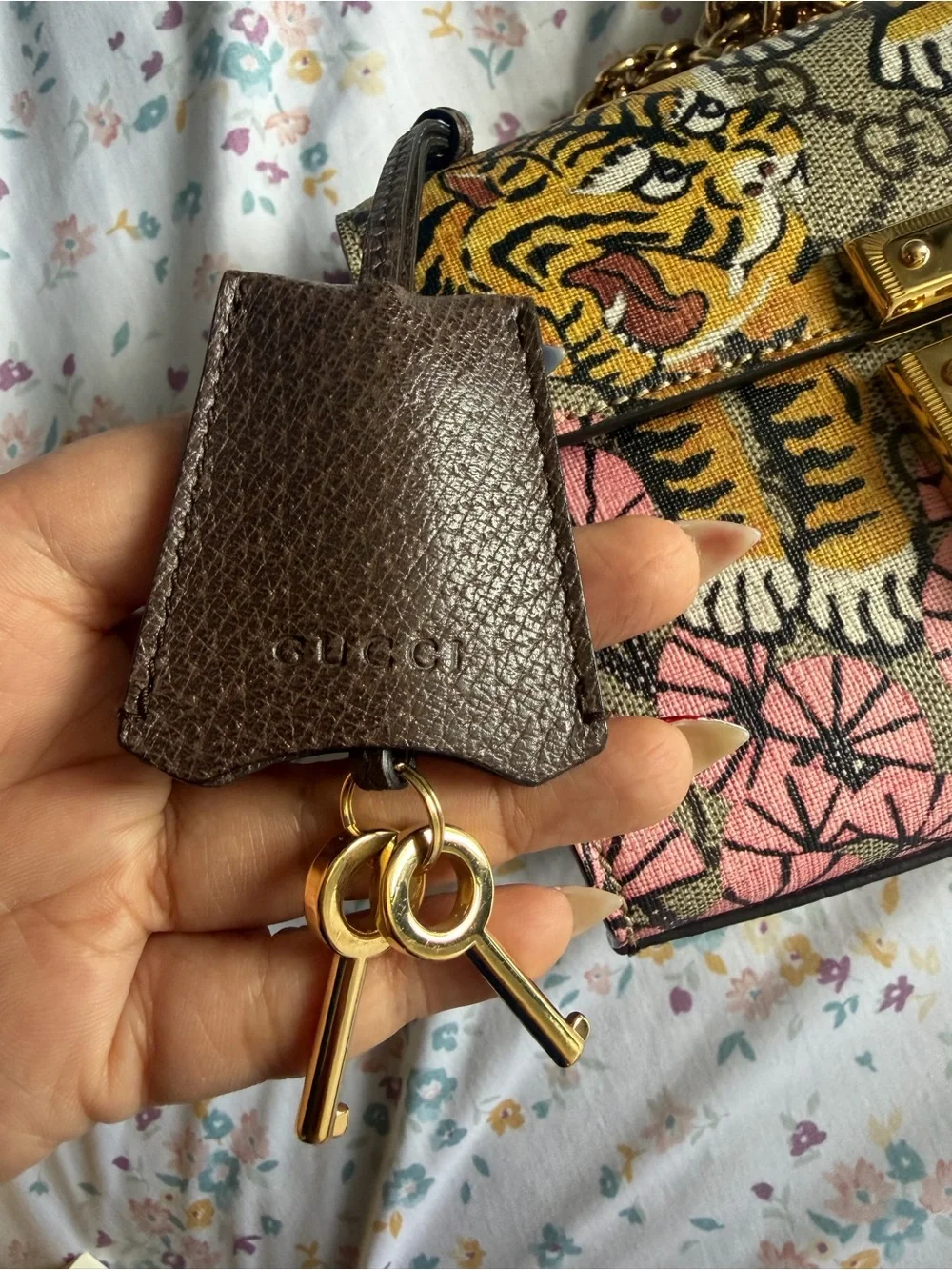 Gucci Pink Floral Tiger GG Canvas Crossbody with Gold Hardware